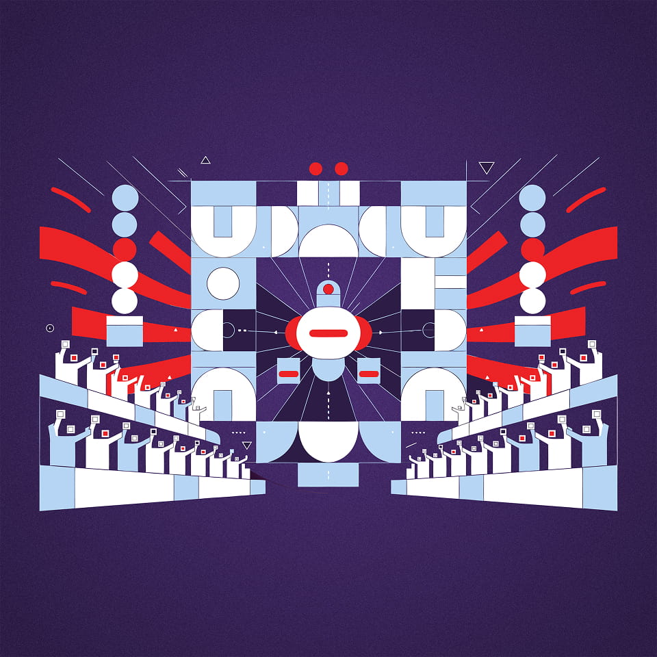 Geometric illustration of a stadium scoreboard at a timeout turning into an interactive prompt as fans in the stands join in