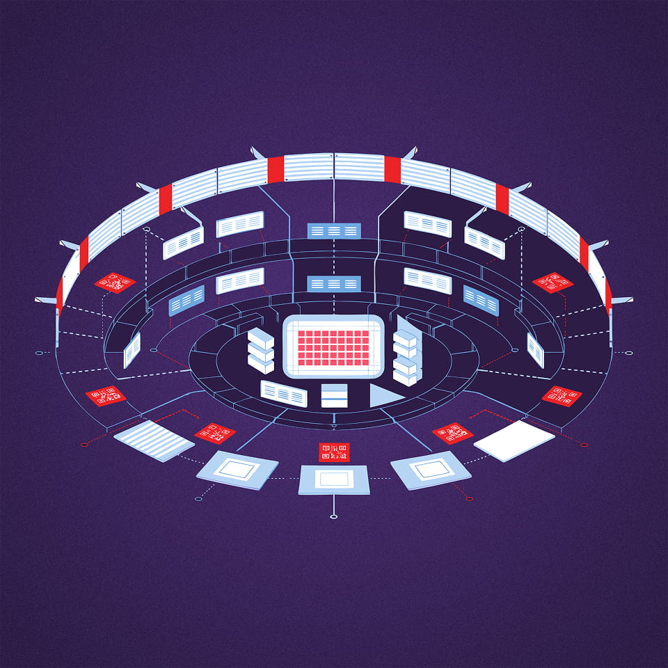 Isometric illustration of an arena ringed with LED ribbon boards, screens and QR touchpoints all activated