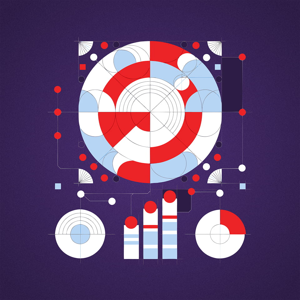 Geometric illustration of a central analytics radar gauge above rising bar charts and data nodes