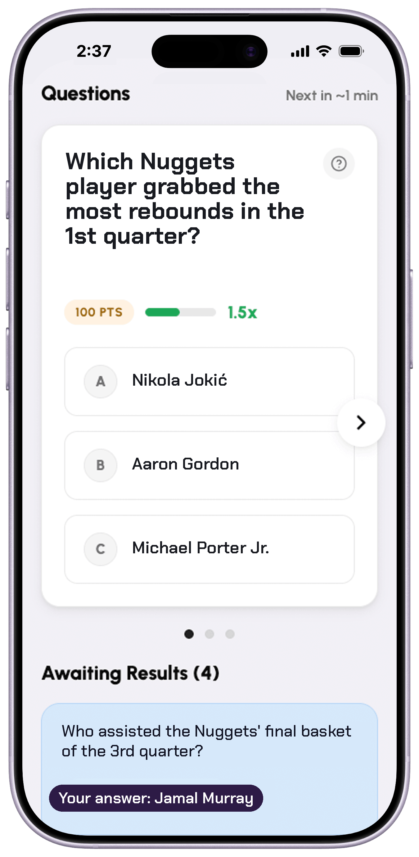 The Spectacle app on a phone showing a live in-game prediction question with multiple-choice answers and reward points