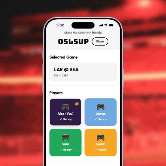 The Spectacle app showing a multiplayer lobby with a shareable game code and friends marked ready to play